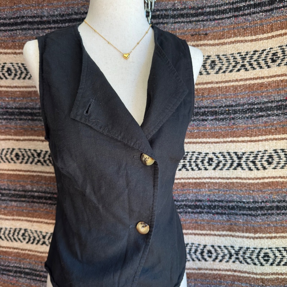 Zara Linen Blend Asymmetrical Button Front Waistcoat Vest Womens Small Black
